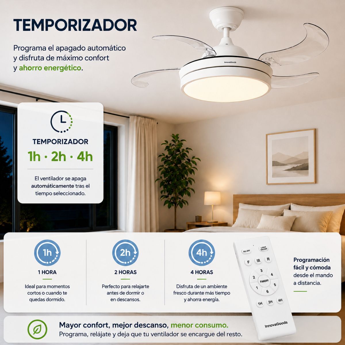 Ventoinha de Teto com Luz LED e 4 Pás Retráteis Branco - Image 4