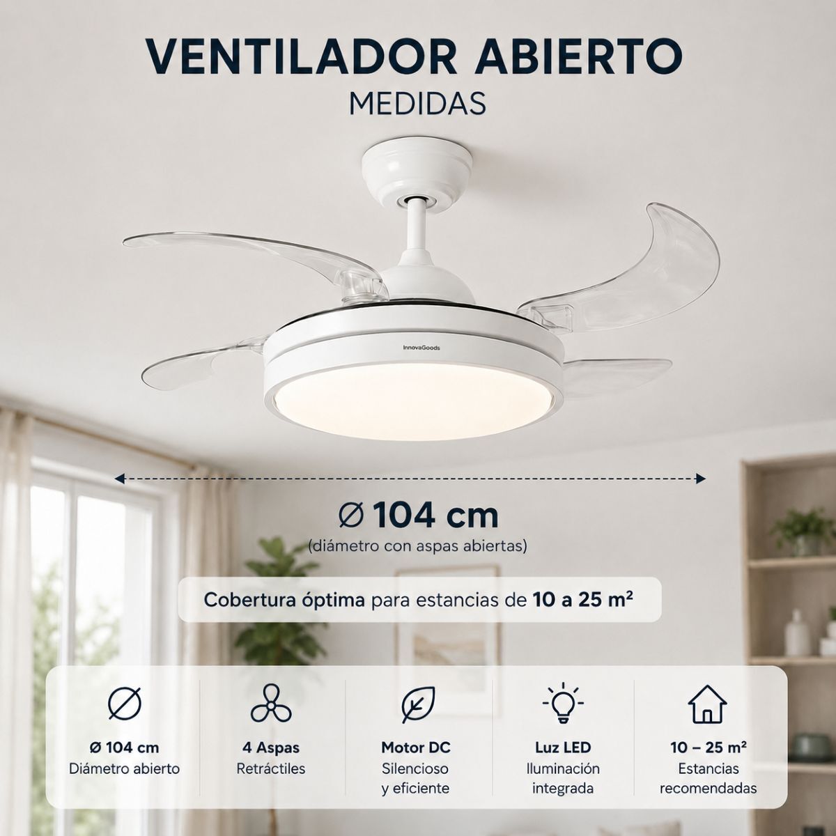 Ventoinha de Teto com Luz LED e 4 Pás Retráteis Branco - Image 6