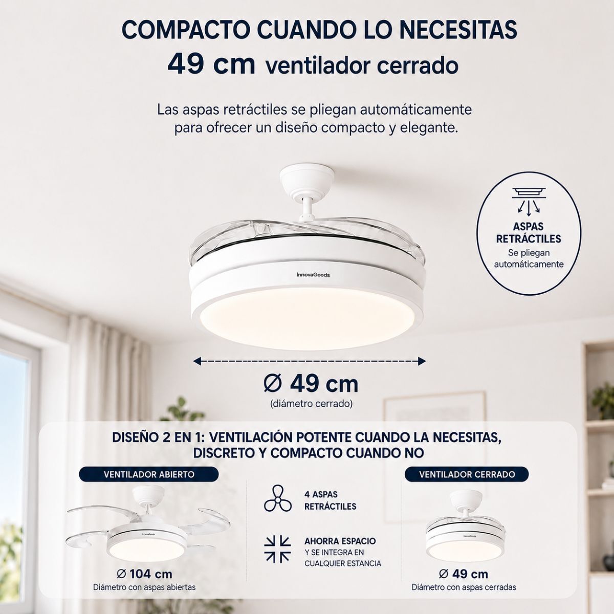 Ventoinha de Teto com Luz LED e 4 Pás Retráteis Branco - Image 7