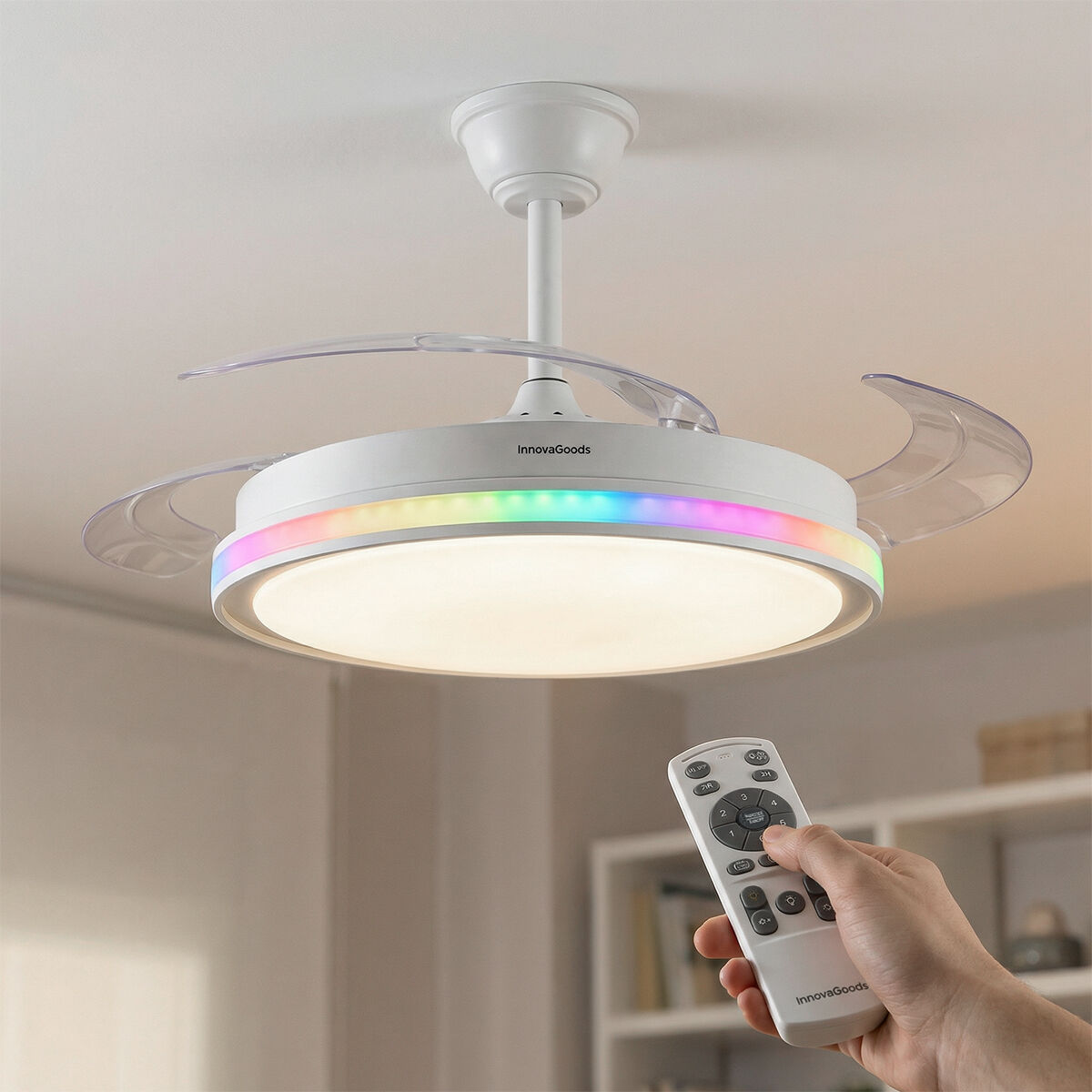 Ventoinha de Teto com Luz LED RGB e 4 Pás Retráteis com Comando