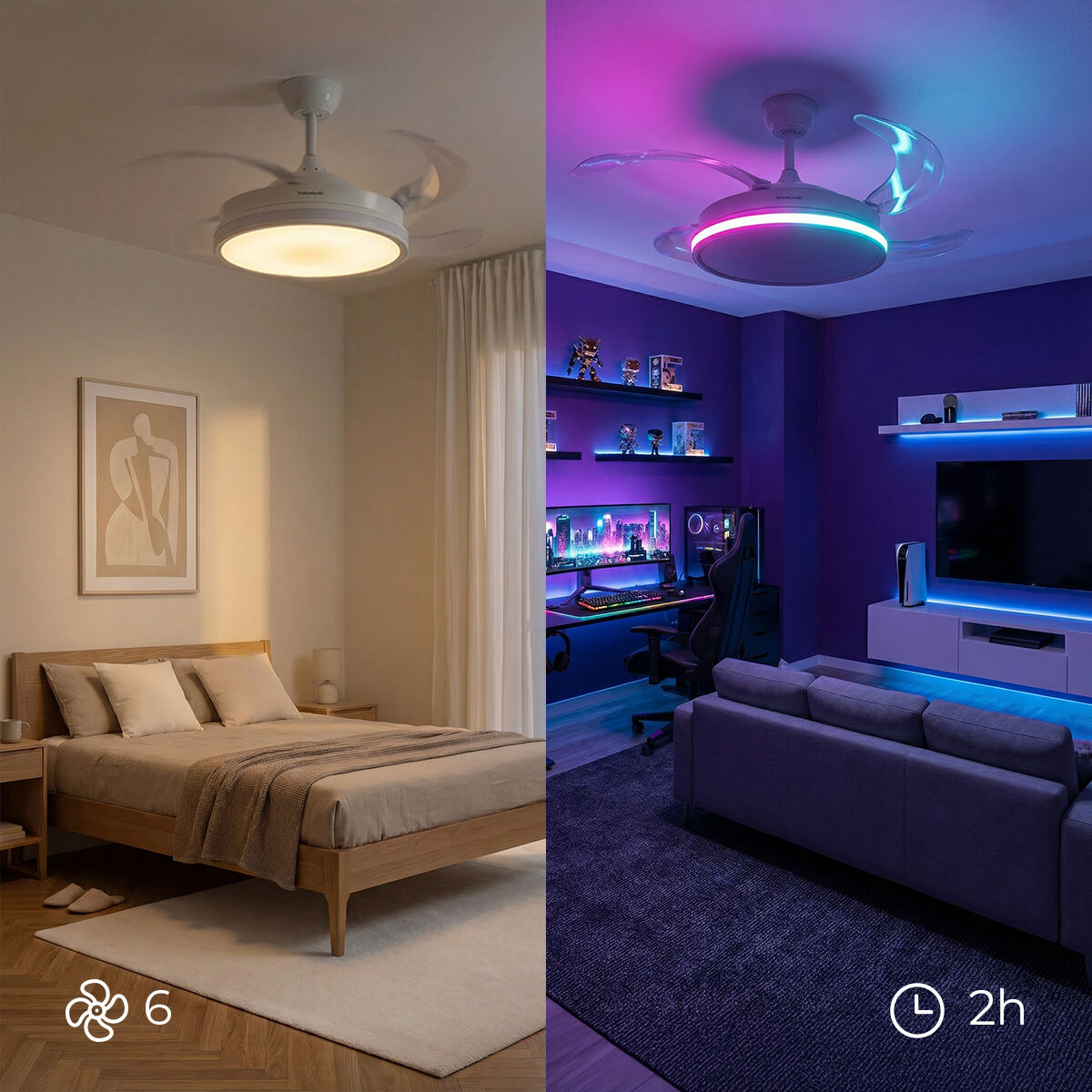 Ventoinha de Teto com Luz LED RGB e 4 Pás Retráteis com Comando - Image 2