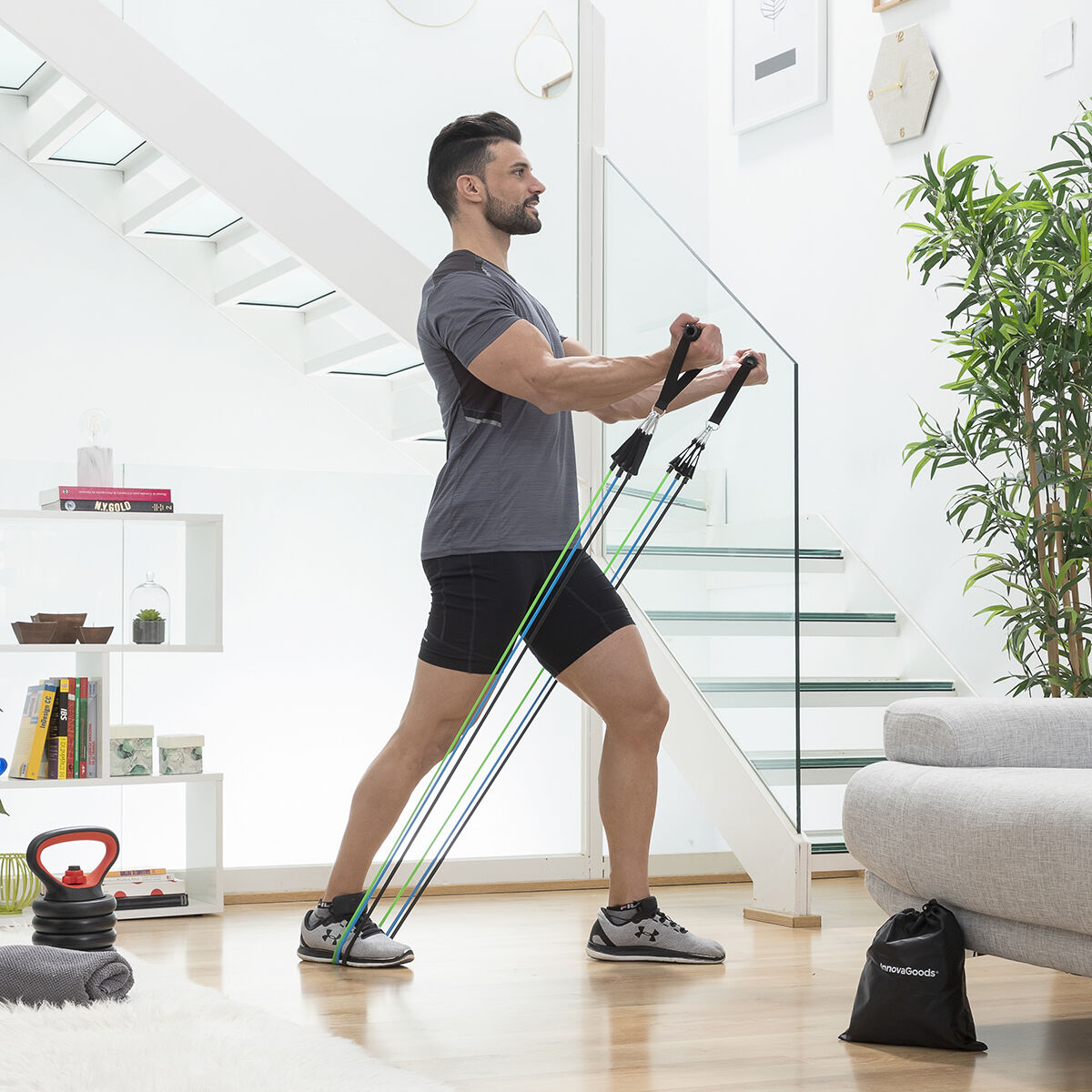 Pack Máquina Abdominais Dobrável e Conjunto Bandas Resistência c/ Acessórios e Guia InnovaGoods