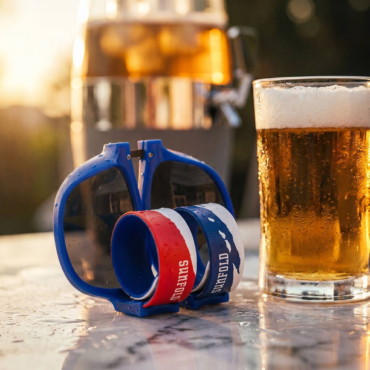 Pack Dispensador de Cerveja Refrigerante InnovaGoods e 2 Óculos de Sol Enroláveis Sunfold France